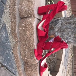 Red velvet chunk heels